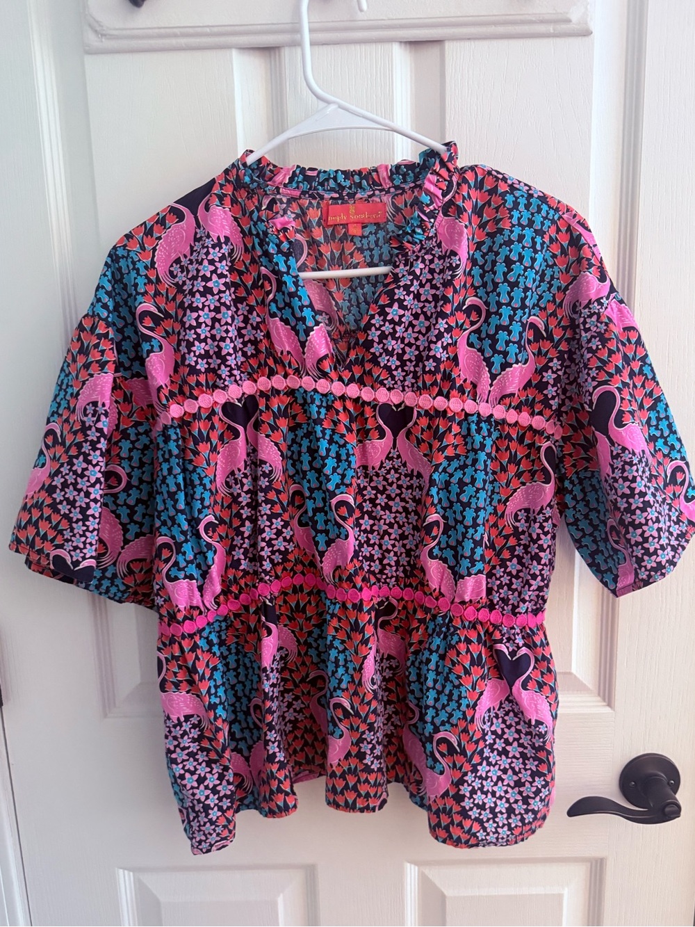 Simply Southern Cotton Flamingo Peasant Blouse - size Small